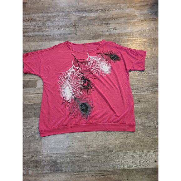 Unknown brand xxl women's cold shoulder feather print pink blouse - Picture 1 of 7